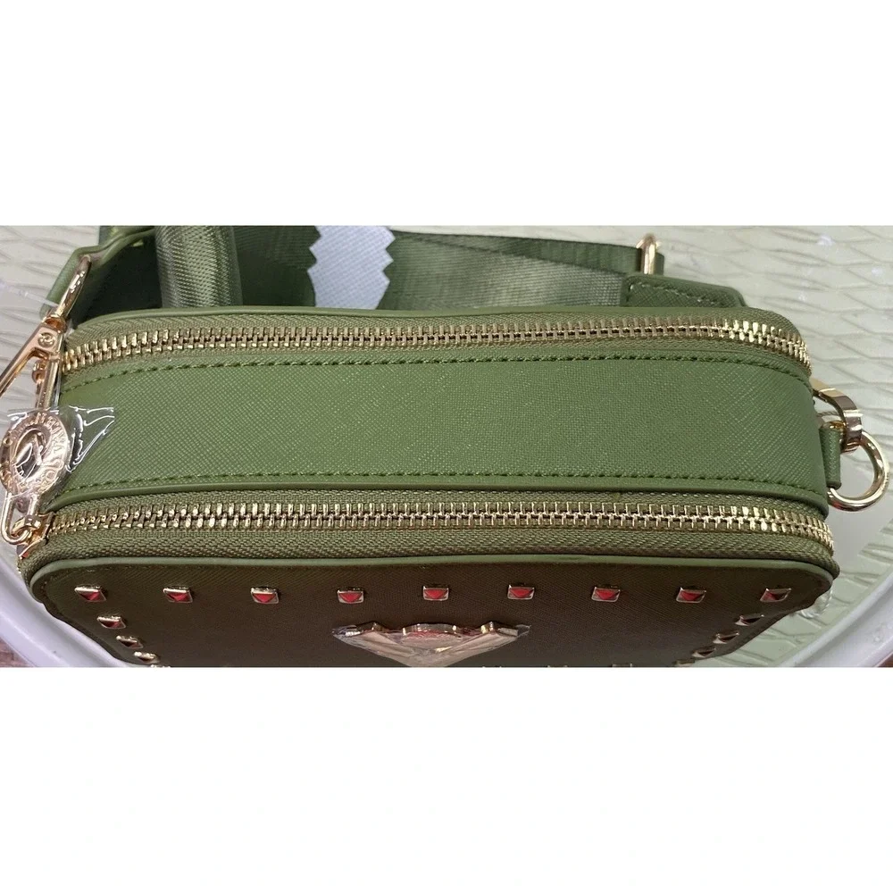 Valentino Orlandi Forest Green  Gold Studs Crossbody Purse Camera Bag 4.25x7x2.5